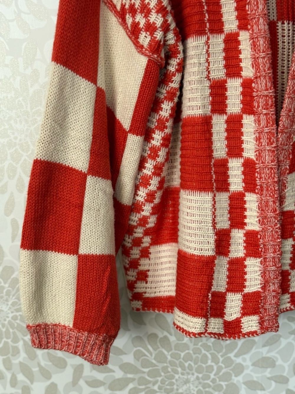 BTFBM Women’s L Boho Eclectic Orange Checkerboard Oversized Cardigan Sweater - Picture 3 of 10
